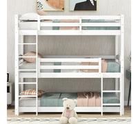 MODFU Lit Superposé Triple 90x200 cm - Lit Simple avec Barrière de Sécurité, Bois de Pin et MDF, Sans Matelas, Gris