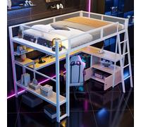 MODFU Lit surélevé 140x200 Cadre de lit avec bureau long et plusieurs compartiments de rangement,Cadre de lit avec éclairage LED et beaucoup d'espace de rangement,Lit pour adolescents sans matelas,bla