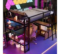 MODFU Lit surélevé 140x200 Cadre de lit avec bureau long et plusieurs compartiments de rangement,Cadre de lit avec éclairage LED et beaucoup d'espace de rangement,Lit pour adolescents sans matelas,Noi