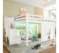 MODFU Lit surélevé 140x200 Cadre de lit avec escalier de rangement et fenêtre,Lit d'enfant avec design ludique et tête de lit LED,sans matelas,Blanc