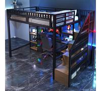 MODFU Lit surélevé 140x200 Cadre de lit en fer et bureau,Lit d'enfant Cadre de lit avec bande lumineuse LED et connexion USB,sans matelas,noir