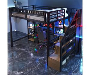 MODFU Lit surélevé 140x200 Cadre de lit en fer et bureau,Lit d'enfant Cadre de lit avec bande lumineuse LED et connexion USB,sans matelas,noir