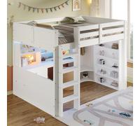 MODFU Lit surélevé 140x200 Cadre de lit Lit d'adolescent avec armoire et bureau,Lit en bois avec lampes LED et compartiments de rangement,Sans matelas,Blanc
