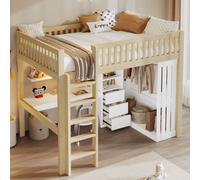 MODFU Lit surélevé 140x200 Lit d'adolescent avec bureau,Cadre de lit avec armoire,Lit simple avec escalier et tiroirs,Sans matelas,Naturel