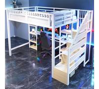 MODFU Lit surélevé 140x200 Lit d'adolescent avec prises USB et compartiment de rangement,cadre en fer avec bureau et barre lumineuse LED,sans matelas,blanc
