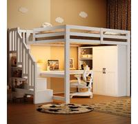 MODFU Lit surélevé 140x200 Lit en bois Cadre de lit avec bureau et étagère,Lit surélevé pour enfant avec USB et lampes LED,Cadre de lit avec armoire sans matelas,Blanc