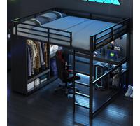 MODFU Lit surélevé 160x200 Lit métallique avec LED et station de charge,Cadre de lit lit pour adolescents avec garde-corps,avec bureau et plusieurs étagères,sans matelas,noir