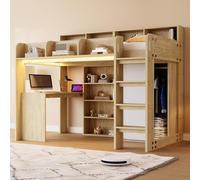 MODFU Lit surélevé 90×200 Cadre de lit en bois avec armoire de rangement et compartiments de stockage,lit simple lit d'enfant avec armoire,éclairage LED et bureau,sans matelas,bois