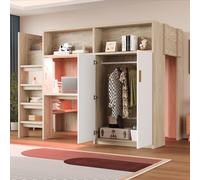 MODFU Lit surélevé 90×200 Cadre de lit en bois avec bureau et armoire,Lit d'enfant avec armoire,Lit simple avec étagère et sommier à lattes,sans matelas,bois