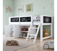 MODFU Lit surélevé 90x200 Cadre de lit avec armoires de rangement à double porte et tableau,Lit simple sans matelas avec échelle inclinée à deux marches,Cadre de lit avec rampe de sécurité, blanc