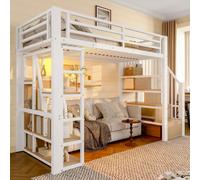MODFU Lit surélevé 90x200 Cadre de lit avec garde-corps et barre lumineuse LED,Cadre en fer Lit de jeune avec espace de rangement ouvert sous le lit,sans matelas,Blanc