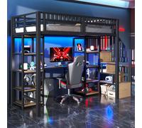 MODFU Lit surélevé 90x200 Cadre de lit en fer et bureau,Lit d'enfant Cadre de lit avec bande lumineuse LED et connexion USB,sans matelas,noir