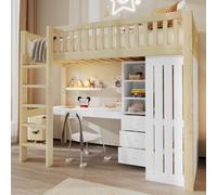 MODFU Lit surélevé 90x200 Lit d'adolescent avec bureau,Cadre de lit avec armoire,Lit simple avec escalier et tiroirs,Sans matelas,Naturel
