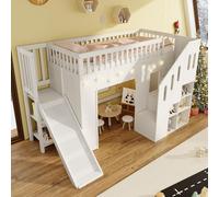 MODFU Lit surélevé 90x200 Lit d'adolescent avec espace inférieur à aménager librement,lit en bois massif avec protection contre les chutes et escalier de rangement,cadre de lit sans matelas avec tobog