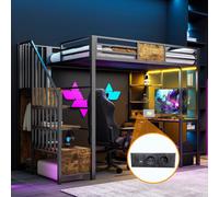 MODFU Lit surélevé 90x200 Lit simple Cadre de lit avec bureau,casiers de rangement et tringle à vêtements,Lit d'adolescent avec éclairage LED et prise de courant,sans matelas,noir