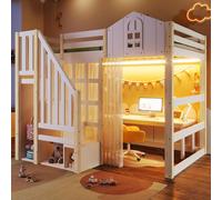 MODFU Lit surélevé sans matelas 140x200 Cadre de lit avec lampes LED et forme de fenêtre,Lit en bois pour enfants avec barrières de sécurité hautes et compartiment de rangement ouvert,Blanc+Naturel