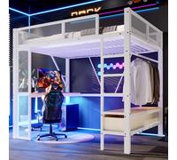 MODFU Lit surélevé sans matelas 140x200 Lit d'adolescent avec armoire ouverte et bureau,Lit surélevé de jeu/lit avec tiroirs à linge,Blanc