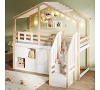 MODFU Lit surélevé sans matelas 90x200 avec espace de rangement caché et cadre en bois,Lit d'appoint avec plusieurs compartiments de rangement,Blanc+Naturel