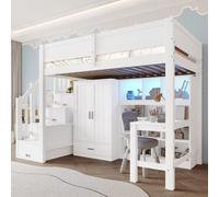 MODFU Lit surélevé sans matelas 90x200 Lit d'adolescent avec armoire et bureau,Lit d'enfant Cadre de lit avec escalier de rangement et lampes LED,blanc