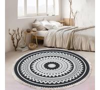 MODRYER Tapis Rond Bohème À Pompons, Lavable en Machine Envers en Coton Antidérapant, Motif Ethnique Géométrique, Idéal pour Le Yoga Et La Méditation Salon Ou Chambre, 90cm/35.4in-B