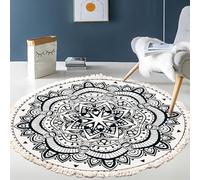 MODRYER Tapis Rond Bohème À Pompons - Tapis Rond Doux en Imitation Coton Et Lin À Poils Courts, Antidérapant Et Lavable, Motif Géométrique Ethnique pour Salon Chambre Entrée Ou Chambre, 80cm/31.5in-U