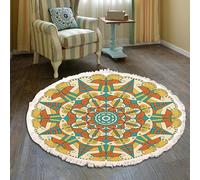 MODRYER Tapis Rond Bohème À Pompons - Tapis Rond Doux en Imitation Coton Et Lin À Poils Courts, Antidérapant Et Lavable, Motif Géométrique Ethnique pour Salon Chambre Entrée Ou Chambre, 90cm/35.4in-i