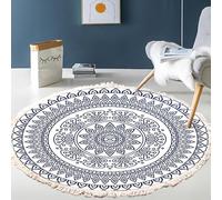 MODRYER Tapis Rond Bohème À Pompons - Tapis Rond Doux en Imitation Coton Et Lin À Poils Courts, Antidérapant Et Lavable, Motif Géométrique Ethnique pour Salon Chambre Entrée Ou Chambre, 90cm/35.4in-H