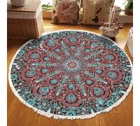 MODRYER Tapis Rond Bohème Lavable Et Antidérapant en Imitation Coton Et Lin avec Pompons, Tapis Géométrique pour Salon Chambre Entrée Décoration De Style Campagnard, 90cm/35.4in-E