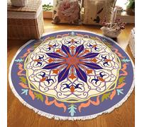 MODRYER Tapis Rond Décoratif Doux en Imitation Coton Et Lin, Style Bohème Lavable Antidérapant À Pompons, Idéal pour Le Salon La Salle À Manger La Chambre d'enfant Ou Le Bureau, 90cm/35.4in-K