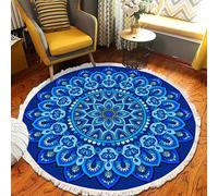 MODRYER Tapis Rond Décoratif Doux en Imitation Coton Et Lin, Style Bohème Lavable Antidérapant À Pompons, Idéal pour Le Salon La Salle À Manger La Chambre d'enfant Ou Le Bureau, 120cm/47.2in-F