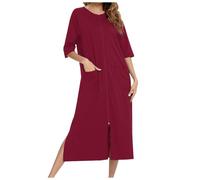 MODSGUE Peignoir en coton pour femme avec fermeture éclair - Léger - Manches 3/4 - Chemise de nuit - Taille ample - Confortable - Avec poches, vin, L