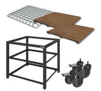 Module Extension :Table avec 1 plateau grille inox, 2 plateaux Acacia et 4 roues