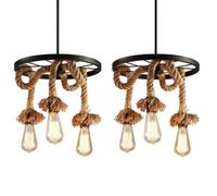 MOGOD 2X Lustre Industrielle Vintage à 3 E27 Têtes - Suspension en Roue ø35cm avec Corde de Chanvre - Rétro Luminaire Lampe Plafond