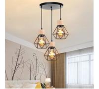 MOGOD Lustre Disque Noir 3 Lampes Suspension Cage en Bois Métal Lustre Plafonnier éclairage design Vintage pour Salon Bureau