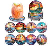 MOGTAA Peinture Diamant Dessous de Verre, 8PCS Kit Diamond Painting Phare, DIY Paysage sous-Verres Art de Diamant avec Support, Kits de Peinture Diamant pour Adulte Enfants