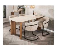 Mohea - table à manger - plateau en céramique effet travertin - 4 à 6 personnes - Bois / Beige