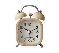 Moiyoudis Réveil carré double cloche vintage en bois - Décoration de la maison - Fonctionnement à piles - Rétroéclairage - Sans tic-tac - Silencieux