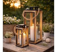 Mojawo Lot de 2 lanternes en bois avec toit en métal - Lanternes décoratives avec porte et verre - pour l'intérieur et l'extérieur, environ 32 + 50 cm de haut