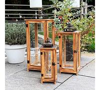 Mojawo Lot de 3 lanternes de jardin XXL Design en bois massif avec toit en métal - Dimensions : env. 13x13x31 cm + 18x18x51 cm + 23x26x67 cm