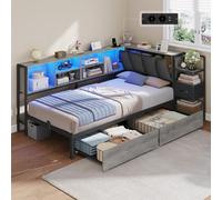 mojiasion Lit 90x190 avec Rangement et LED - Lit 1 Place avec 2 Tiroirs, Table de Nuit, Chargeur USB-C, Tête Capitonnée Rabattable, Montage Gauche/Droite, Gris Chêne