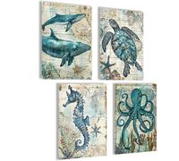 mojoliving Images d'animaux marins Images salle de bain Baleine Tortue Pieuvre Hippocampe Panneau WC invités Image Toilette WC Déco Salle de bain Poster A4