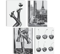 mojoliving Set de 4 Posters Fashion Noir Blanc Images Murales Mode Femmes Vin Paris Cerises Impressions d'Art A4 élégant moderne Décoration Murale Chambre Dressing Café Déco