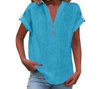 MOKBAY Chemisier Manche Courte Ete Travail Bleu 2025 Mode uni Été Tee Shirt Oversize Femme Commandes en Cours Y2k Tunique Grande Taille Col V Lin Boheme Tshirt Blanc Femme Bleu XL