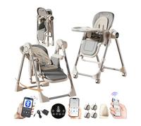 MoLi Électrique Bluetooth Intelligent Cuir PU Chaise Haute, Chaises Hautes avec Fonction de Balancelle, Chaise Haute Bébé Plateau Double Couche (E8121 Grey)