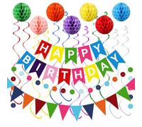 Molirex Kit de décoration d'anniversaire multicolore en papier avec inscription Happy Birthday et drapeaux, pompons, tourbillons, streamer, cercle à pois, guirlande d'anniversaire pour hommes et