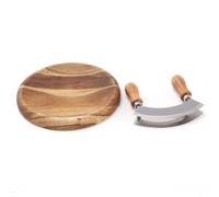 Moliuoly Double poignée pour couteau à hachoir Mezzaluna avec planche à découper en bois d'acacia, hachoir de cuisine en acier inoxydable pour herbes, noix, pizza, oignons, passe au lave-vaisselle