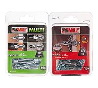 Molly M101010-XJ Molly Multi Chevilles métal avec vis agglo, Gris, Set de 10 Pièces & M11110-XJ Chevilles métalliques à expansion avec vis M5 Ø11mm, 5 x 36 mm, Gris, Set de 16 Pièces