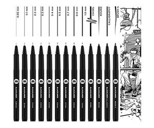 Molotow Blackliner Lot de 13 crayons à encre indélébile, avec pointe fine de 0,05 à 1,0 mm et spéciale, étui, noirs