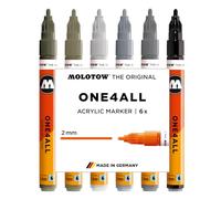 Molotow One4All 127HS Lot de 6 marqueurs acryliques gris (épaisseur de trait 2,0 mm, couvrant et permanent, séchage rapide, rechargeables, pour presque toutes les surfaces)