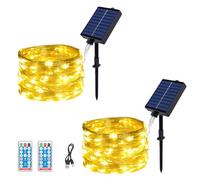 MOLVCE Guirlande lumineuse solaire d'extérieur, 2x10M, 100 LED, guirlande lumineuse solaire, fil de cuivre, étanche IP65 avec 8 modes et télécommande, guirlande lumineuse solaire pour balcon, blanc